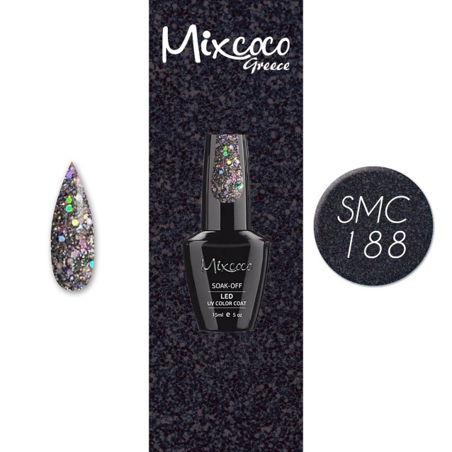 Mixcoco Ημιμόνιμο Βερνίκι Νυχιών SMC 188 Μαύρο Ασημί Glitter 15ml