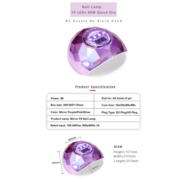 Λάμπα Πολυμερισμού F6 UV LED 86W Μεταλλική Ροζ