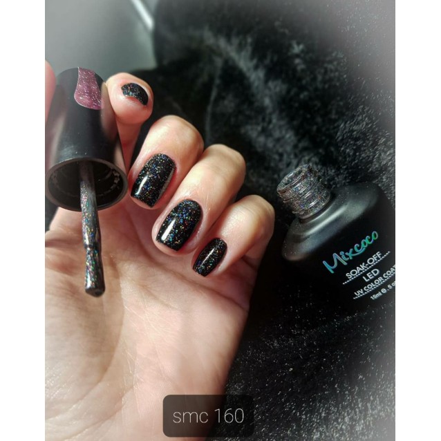 Mixcoco Ημιμόνιμο Βερνίκι Νυχιών SMC 160 Μαύρο Ιριδίζον Glitter 15ml