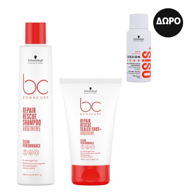 Schwarzkopf Professional BC Bonacure Repair Rescue (Σαμπουάν 250ml , Sealed Ends+ 100ml) και ΔΩΡΟ OSiS Session Hairspray 100ml